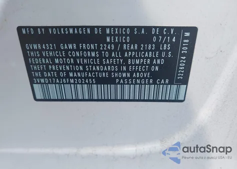 2015 Volkswagen Jetta 1.8T Sport z USA, uszkodzony, nr VIN 3VWD17AJ6FM202455